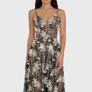 Dress the Population Tahani V-Neck Embroidered Mesh Cocktail Dress Blk/Wht Sz L‎